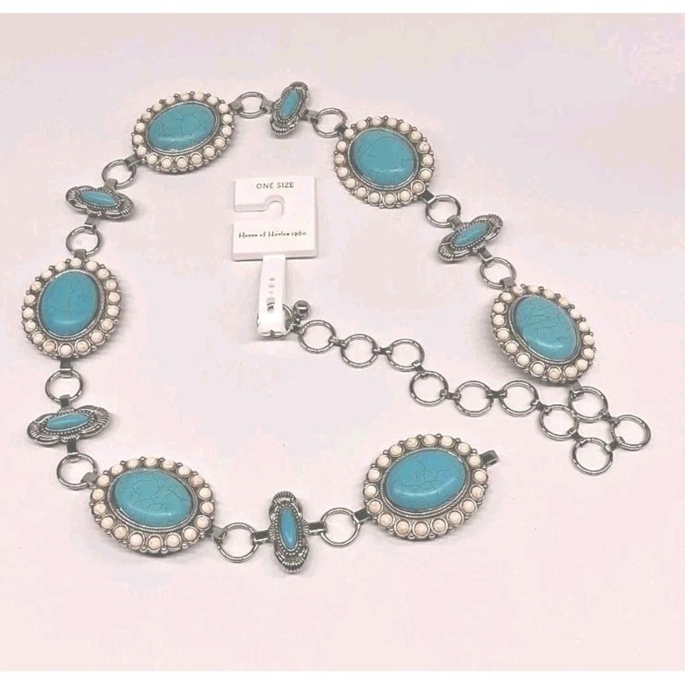 House of Harlow 1960 Women's Silver Metal Faux Turquoise Concho Belt One-Size
